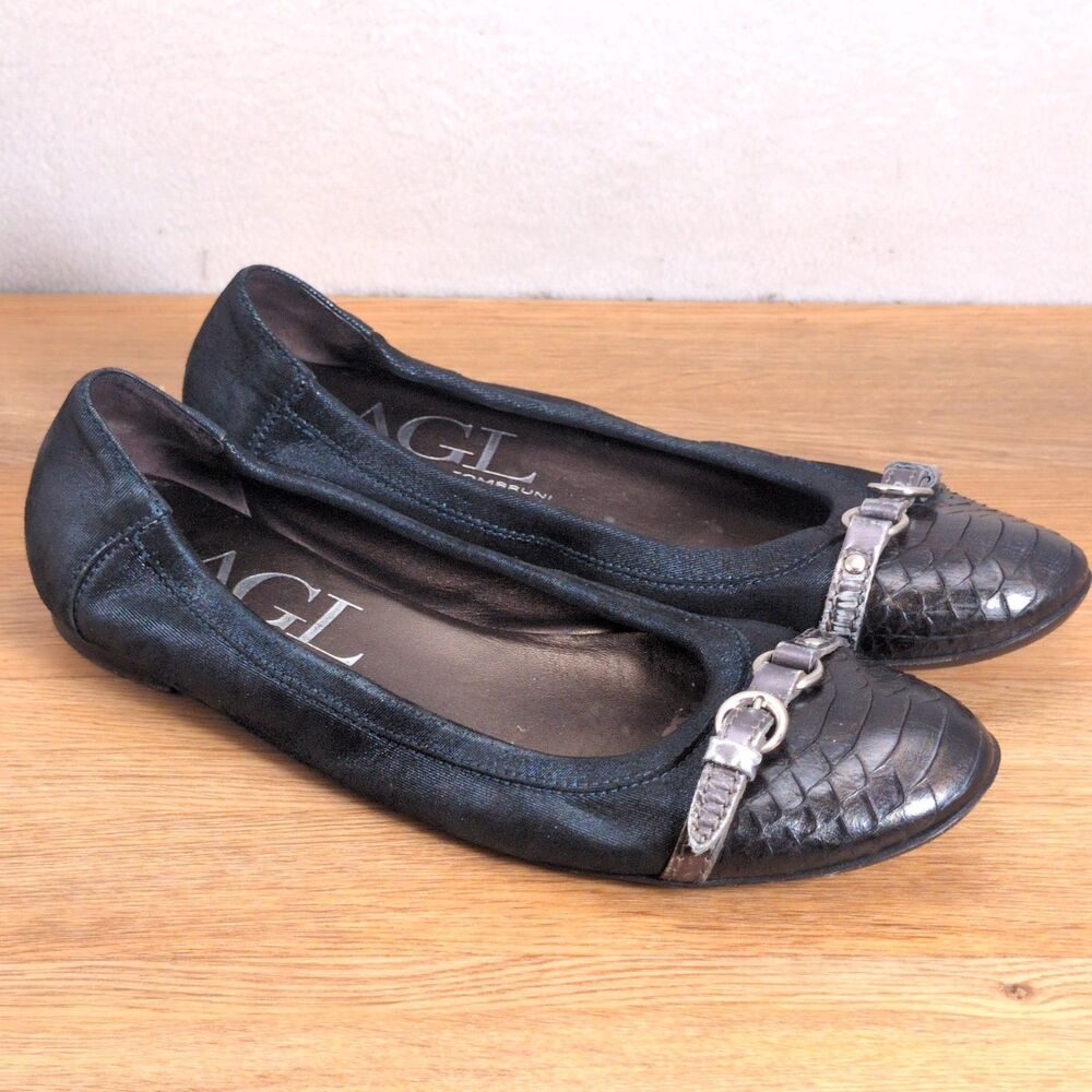 AGL Womenโs 9.5 EU 40 Snakeskin Cap Toe Ballet Flats Black Brown Italy Leather